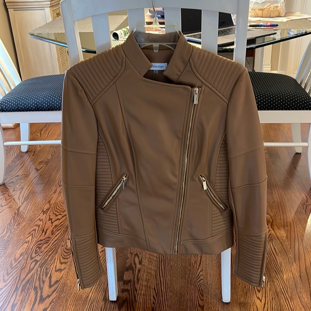 Tan Calvin Klein imitation, leather jacket
